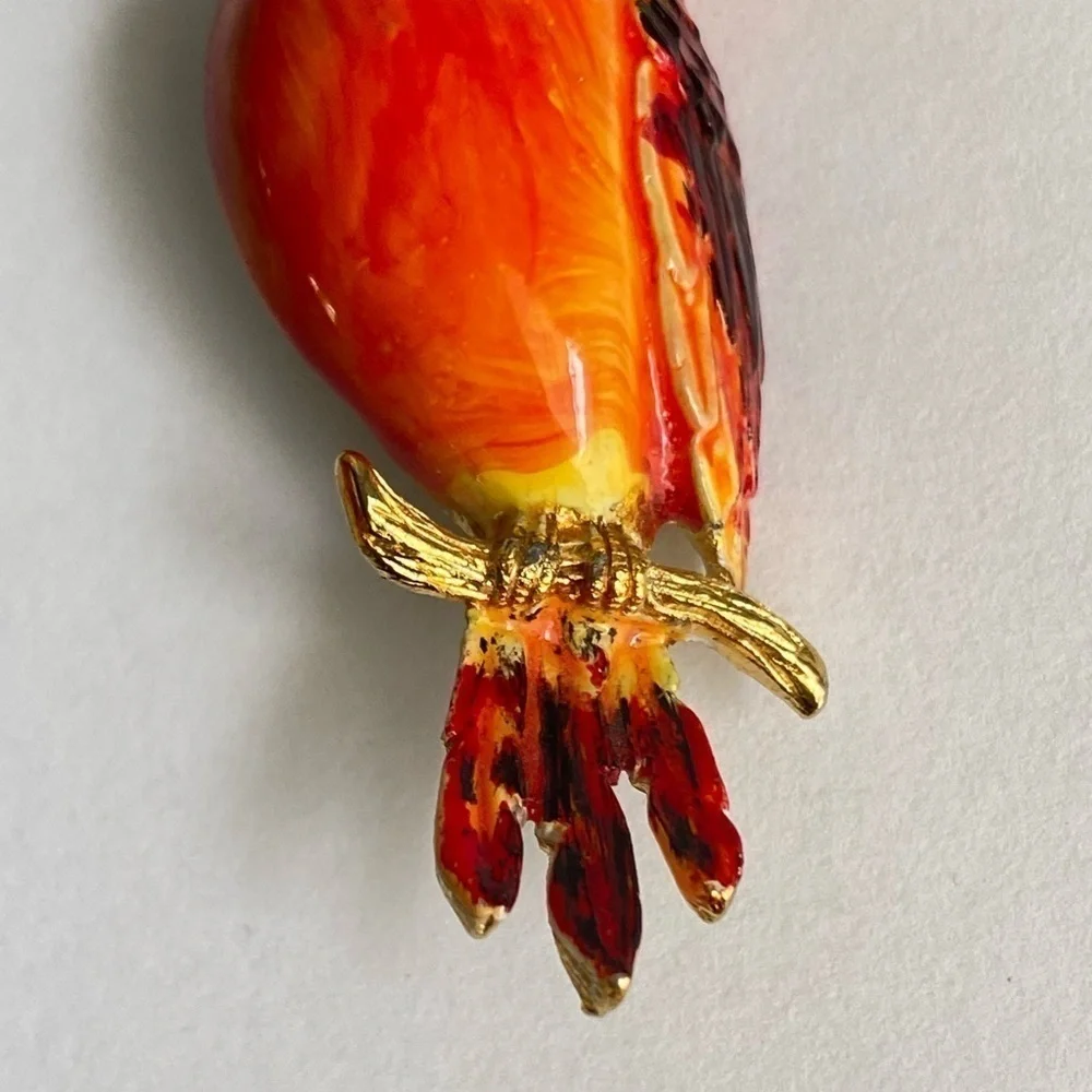 Vintage Enamel‎ Bird Brooch Orange Yellow 60s Pin Retro Green Rhinestone Eye
